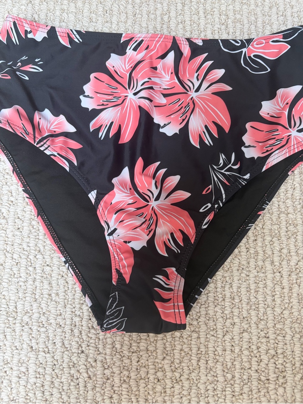 High-Waist Black Bikini Bottoms with Coral Floral Print